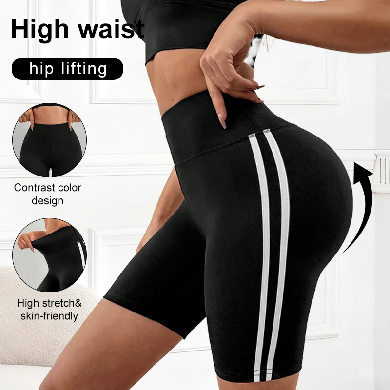Summer Yoga Shorts Pants With Double Stripes On The Sides High Waist Tummy Control Gym Fitness Breathable Leggings For Women