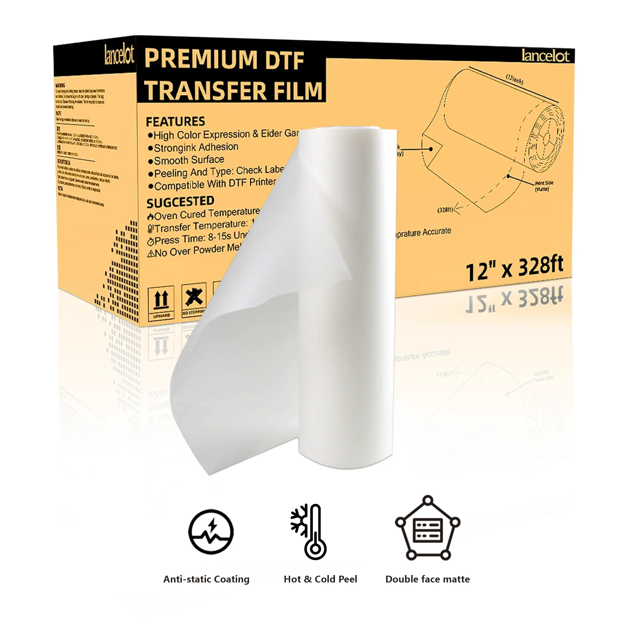 

13 Inch x 100m DTF Transfer Film, Double-Sided Matte with Pre-Applied Powder, No Webbing, High Flexibility, Heat Transfer Vinyl