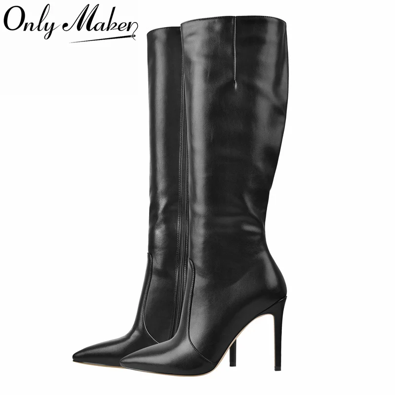 

onlymaker Women Faux Leather Mid-Calf Knee Boots Stiletto Heels Closed Pointed Toe Elegant Side Zipper Stretch Black Knee Boot