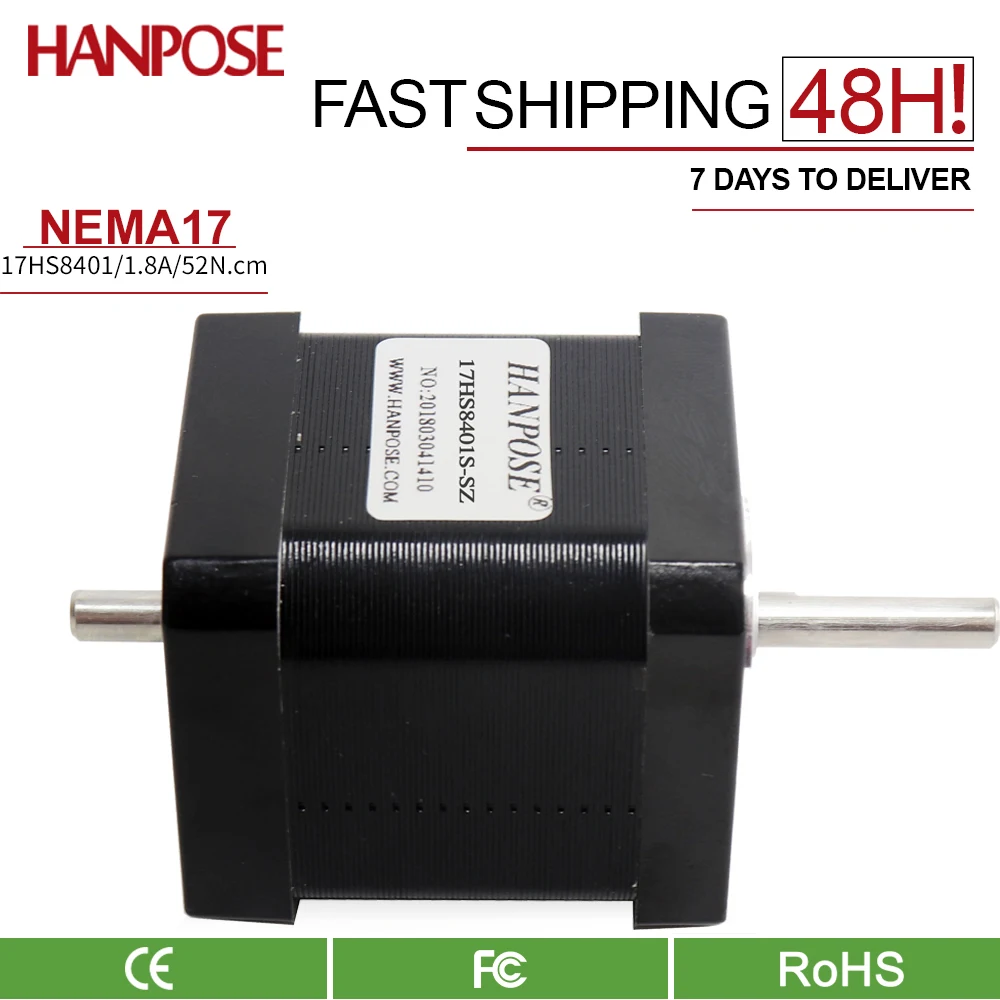 HANPOSE Nema17 Stepper Motor 42BYGH 1.8A 52N.CM 17hs8401S-SZ  42X48mm motor Double Shaft  For 3D Printer Monitor Equipment