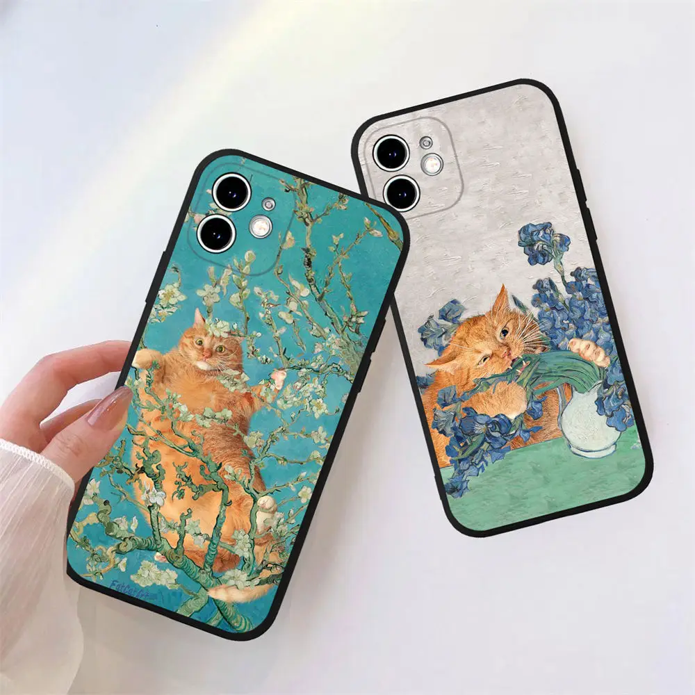 Van Gogh Gustav Klimt Fun Cat Art Funda Black Phone Case For iPhone 15 14 13 12 11 Pro Max Mini XS X XR SE 7 8 Plus back Cover