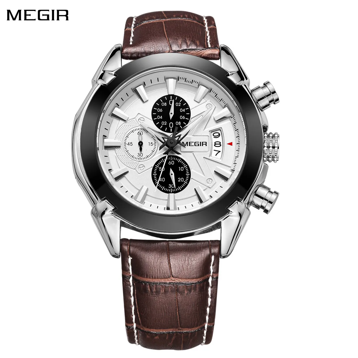 MEGIR Men Watches Original Fashion Leather Quartz Wristwatch Military Chronograph Big Dial Sports Clock Reloj Hombre 2020