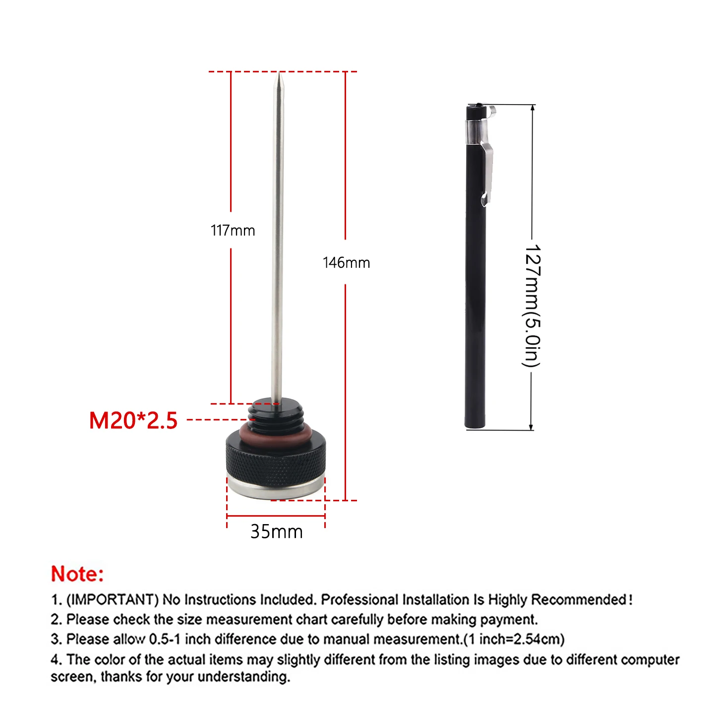 Black/Silver Motorcycle Fuel Tank Caps M20x2.5 Oil Temperature Gauge 35MM with 117MM Probe 0-200 Pointers Thermometer Cap Cover image 2