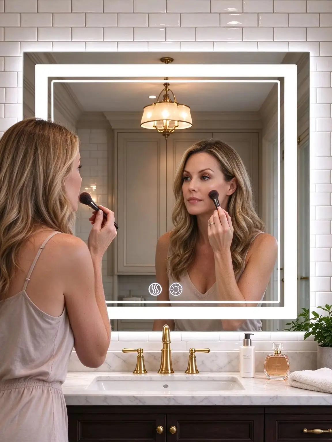 Dimmable LED Vanity Mirror with Anti-Fog, Wall Mounted Bathroom Mirror with Lights, Double Frame Touch Sensor Makeup Mirror, Brightness Adjustable Lighted Mirror for Bathroom and Bedroom