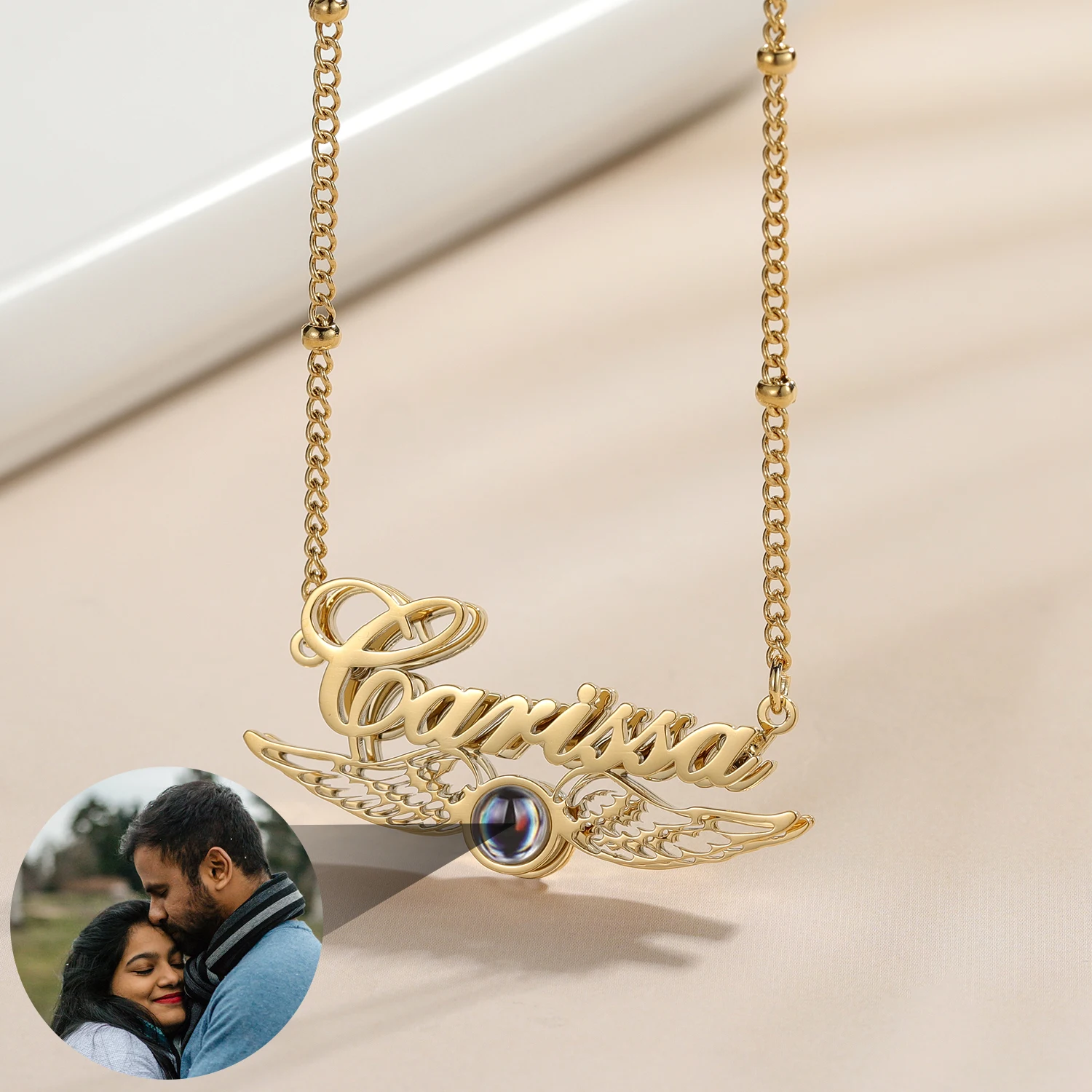 

Stainless Steel Projection Photo Necklace With Angel Wings Custom 18K Gold Plated Name Pendant Exquisite Gift For Lover BFF