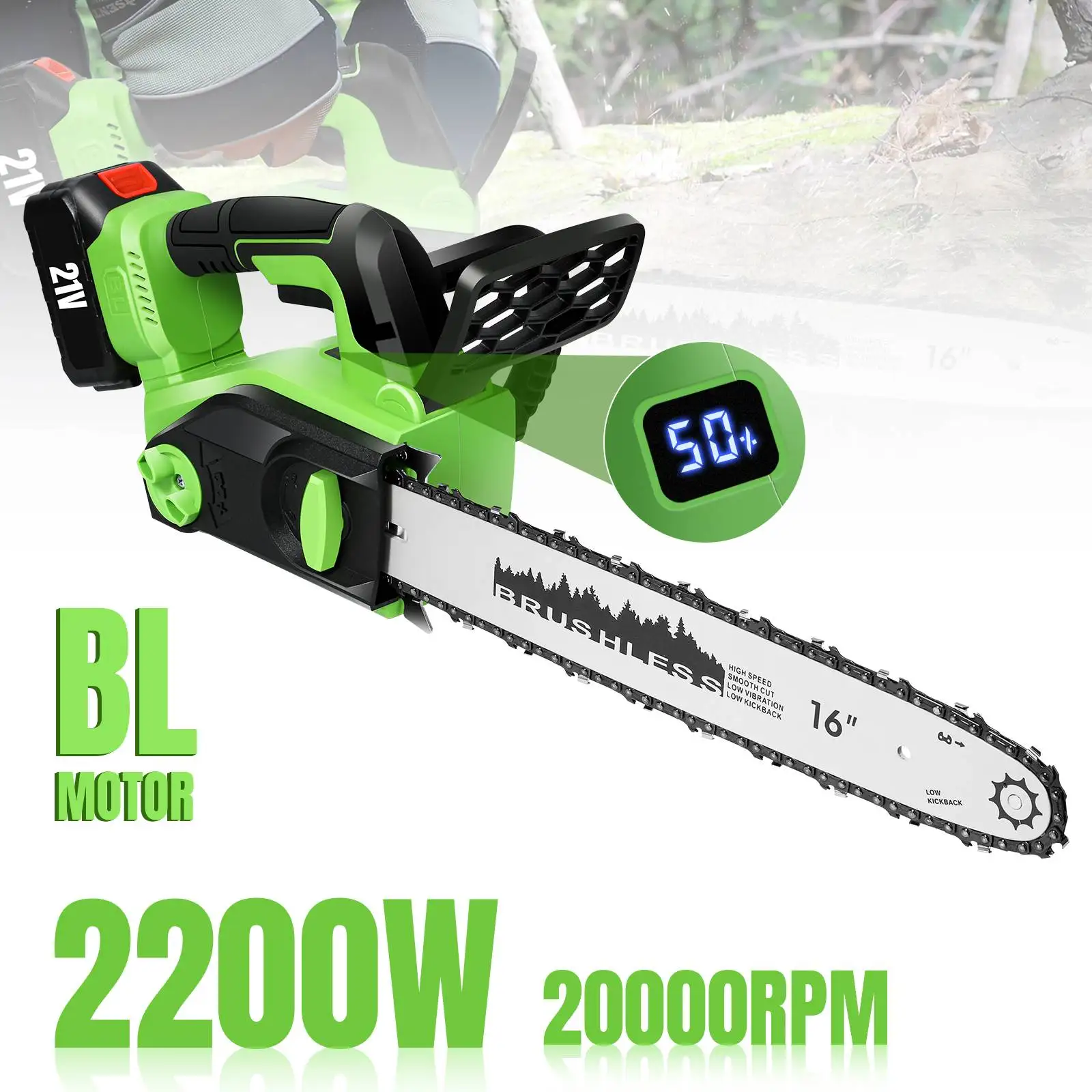 16-Zoll Bürstenlose Akku-Kettensäge, 2200W, mit Batterieanzeige, Automatischer Ölschmierung, Kettenbremse & Rückstoßschutz, für Makita 18V Akku