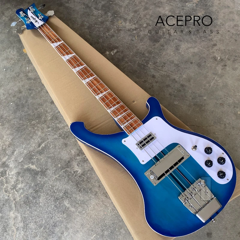 

5-piece Neck Thru Body Blue Burst Electric Bass Guitar with Adjustable Bridge, White Binding, 4 String Bass Guitarra