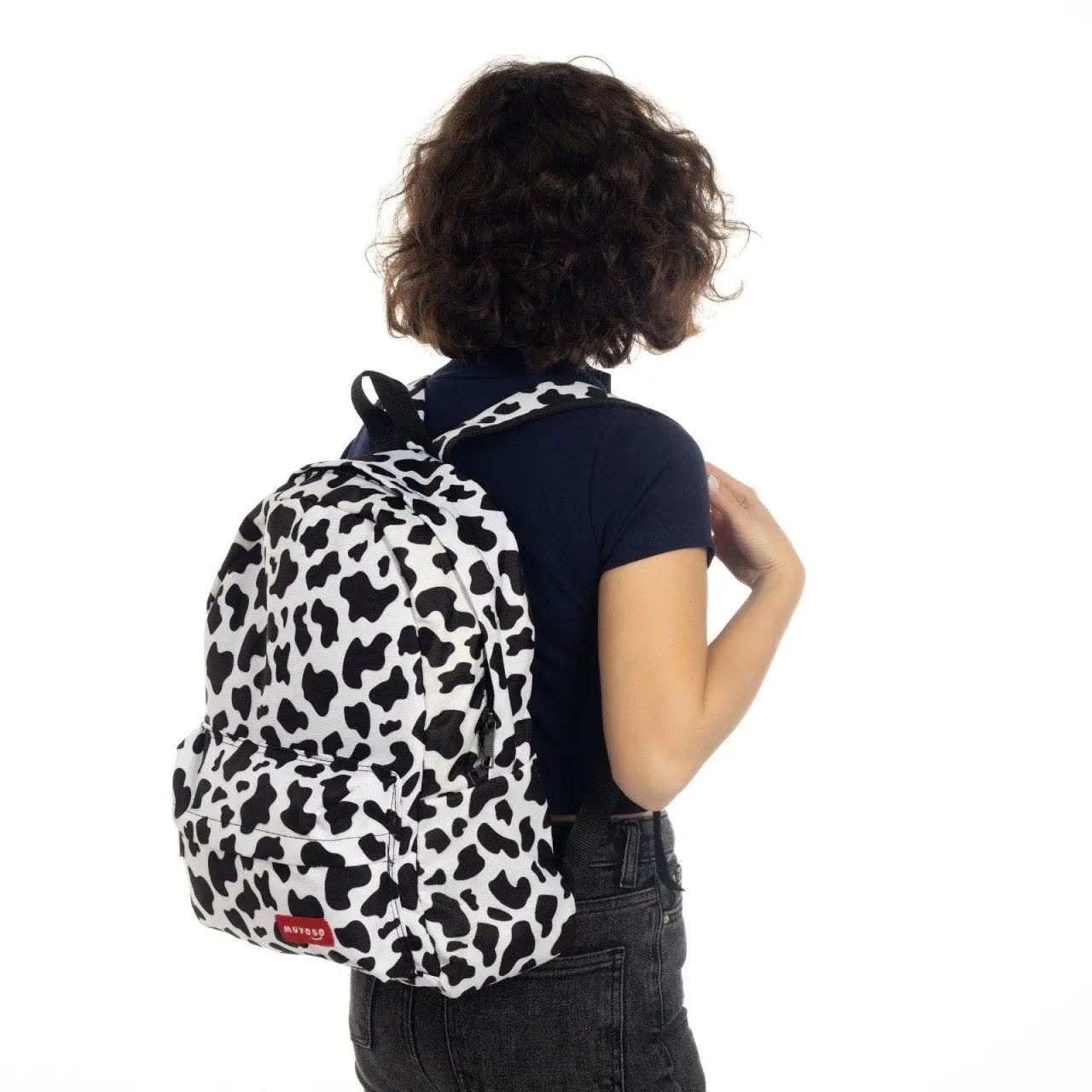 Cow Pattern Black Unisex School Daily Young Temalı Piersing And Chain Backpack School Bag