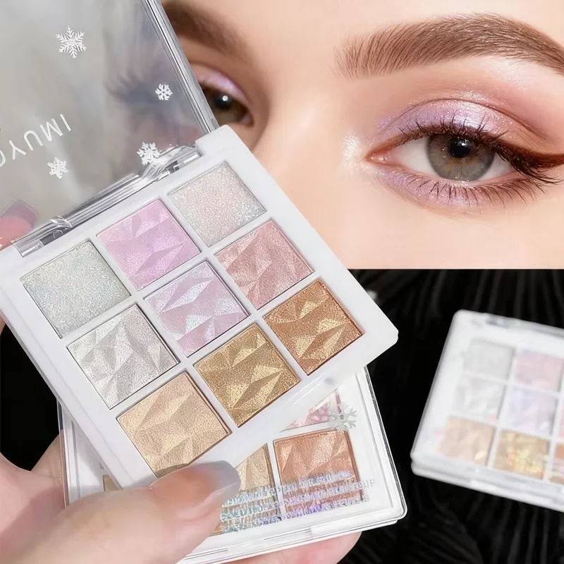 9-Color Shiny Eyeshadow Palette with Fluorescent Pen Glitter Finish Brown & Silvery Tones for Stage & Party Makeup