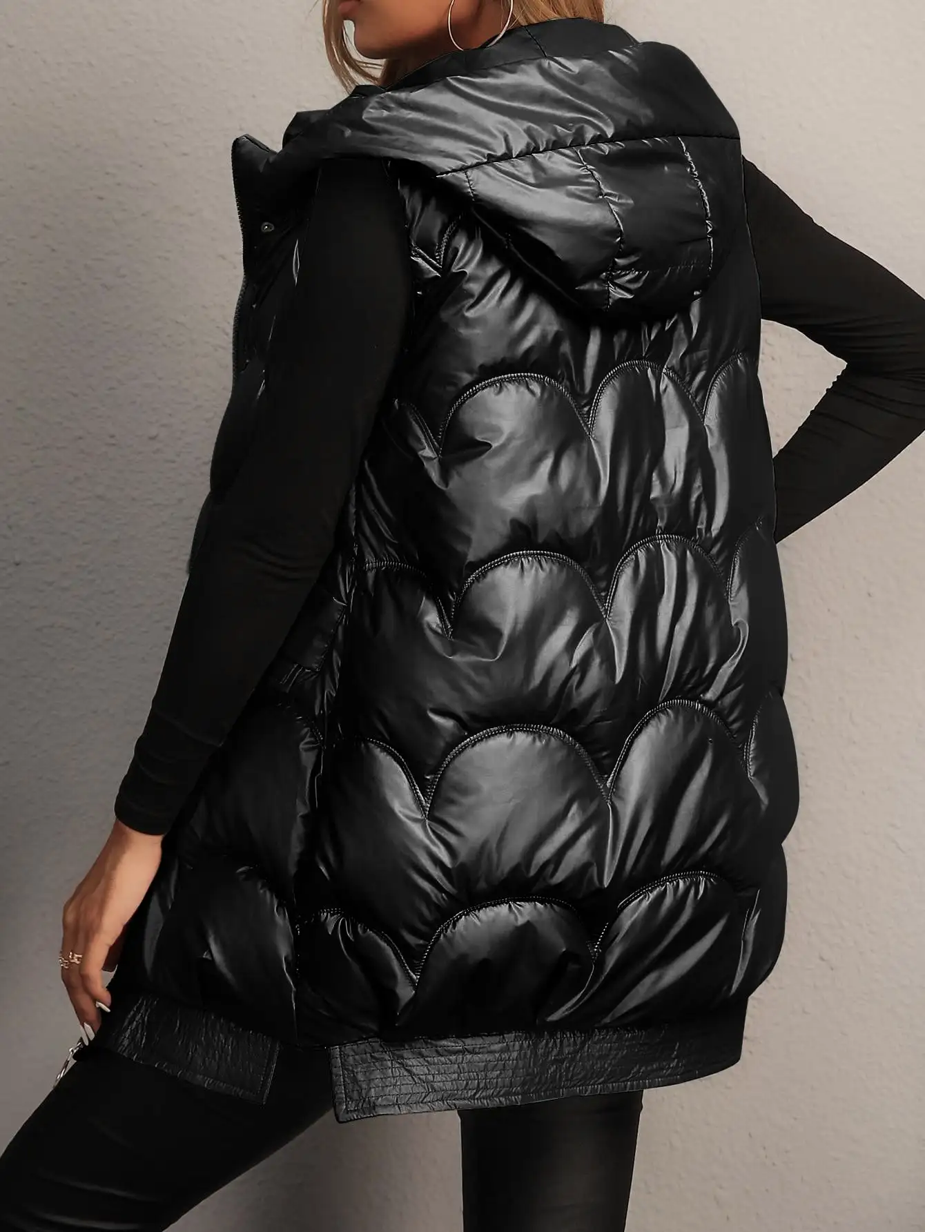 2023 Fashion Autumn And Winter Sleeveless Patent Hooded Front Zipper  Button Details Solid Puffer Coat Outdoor Warm Clothing