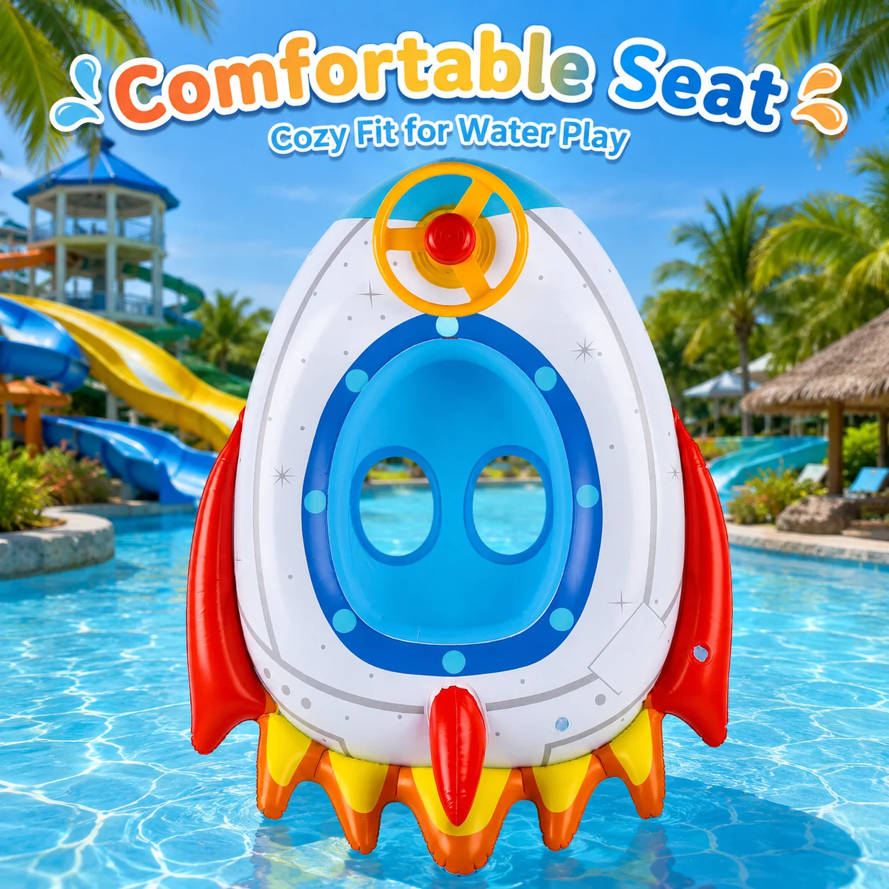 1PC Inflatable Rocket Pool Float Seat with Steering Wheel, Stable Ride-On Water Float, Quick Inflation Leak-Proof Floating