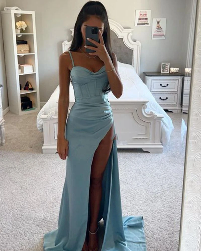 ENOCH Simple Mermaid Evening Dresses Sexy High Split Sweetheart Spaghetti Straps Backless Satin Party Gowns Vestidos De Novia