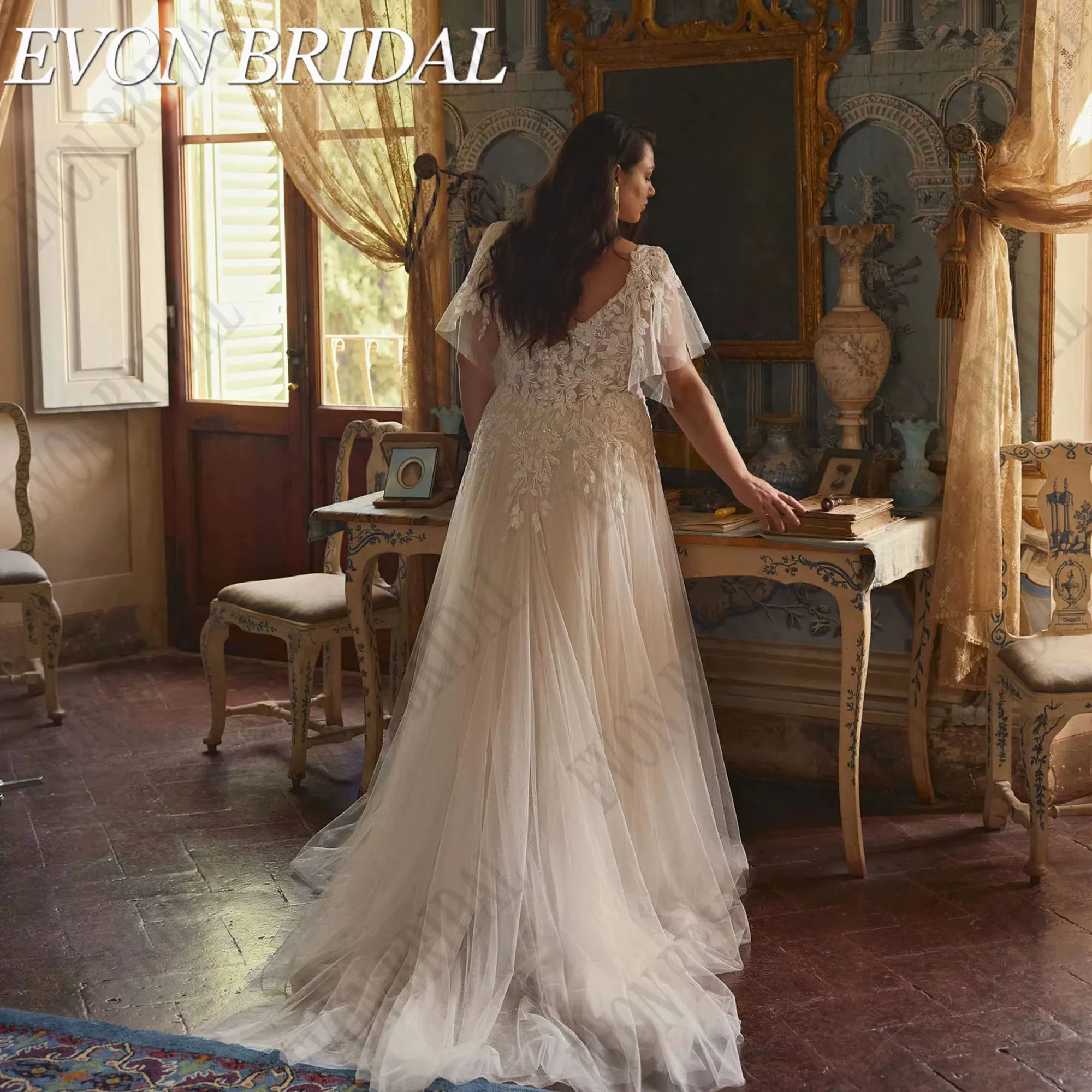 Large Size Wedding Dresses For Woman Boho V-Neck Applique A-Line Bride Gowns Tulle Custom Vestidos De Novia EVON BRIDAL Customiz
