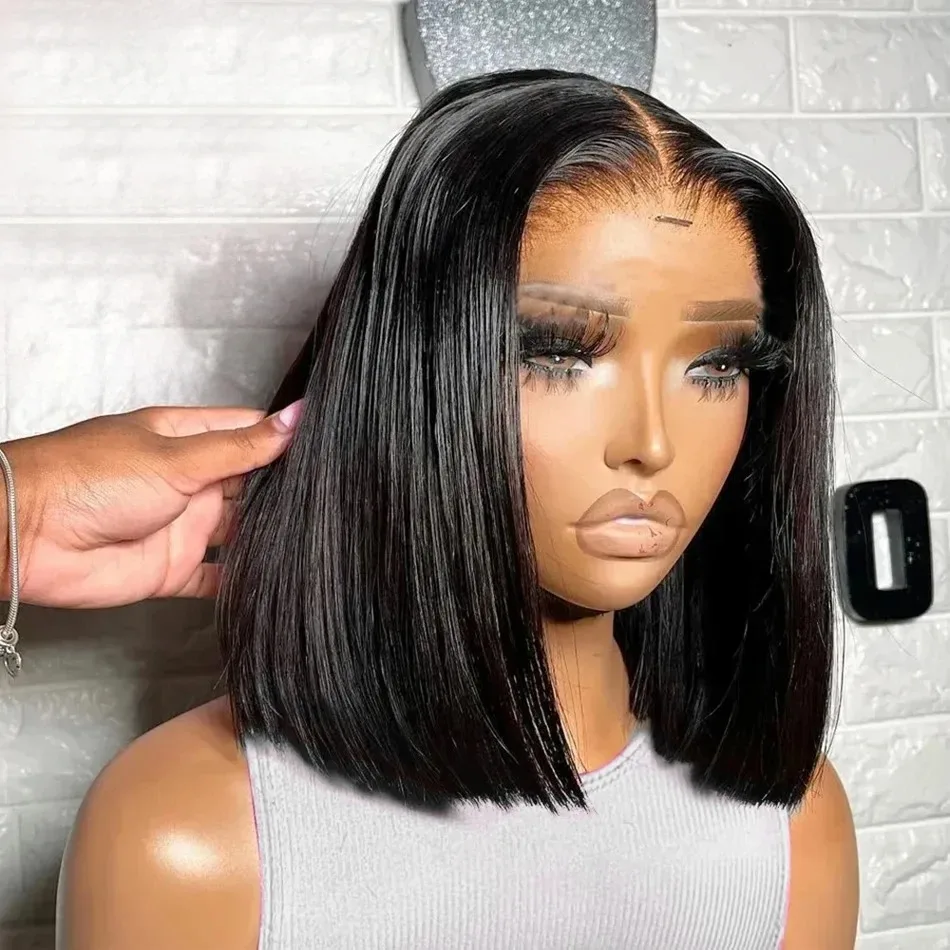 Perruque Lace Frontal Wig naturelle lisse HD, cheveux Bob, 6x6, sans colle, 13x4, pre-plucked, brut, densité 200, pour femmes