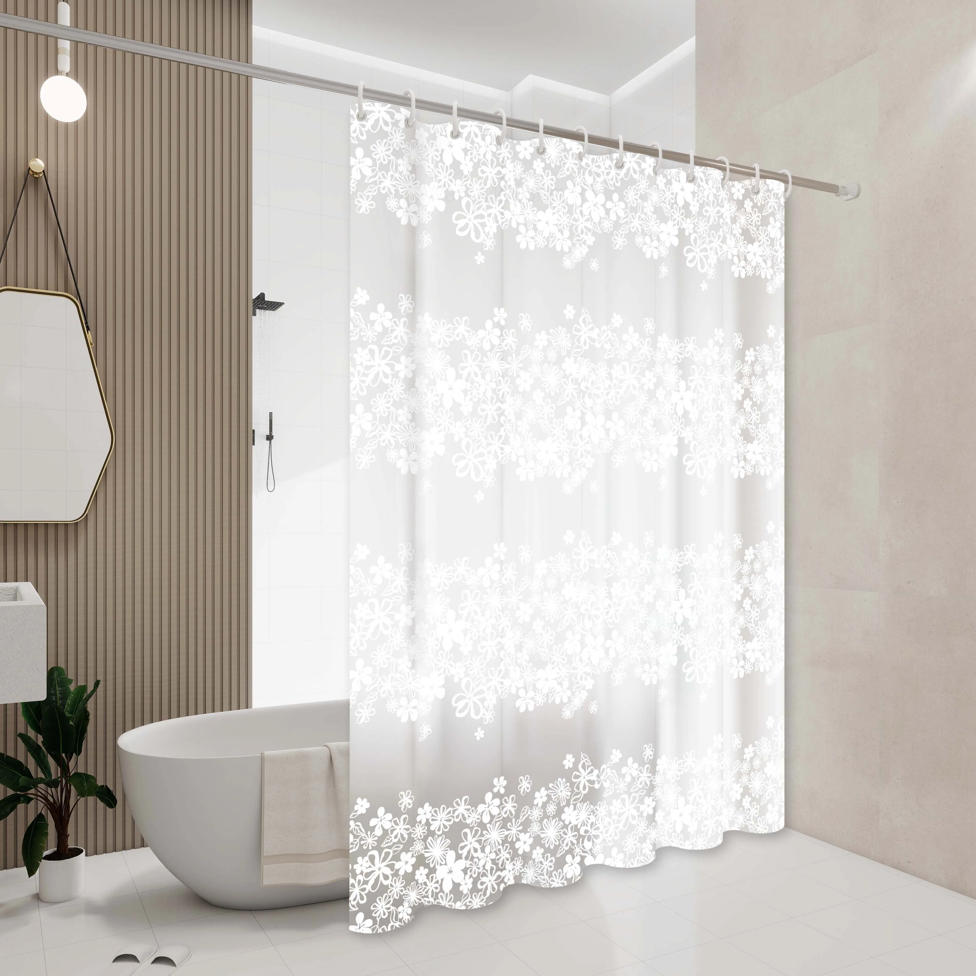 

Занавеска для душа с белым цветочным узором, свежие цветочные элементы, стиль украшения ванной комнаты, занавеска для перегородки душа
