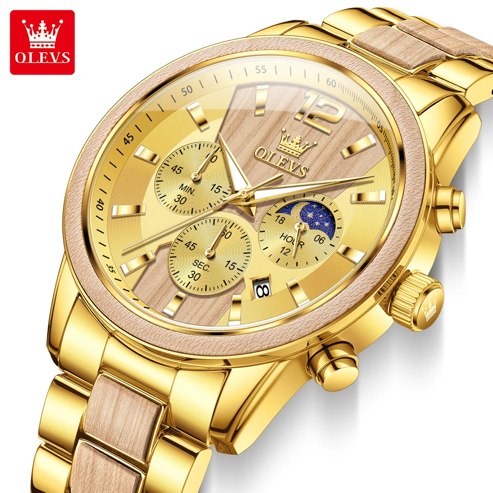 

OLEVS 3645 Men Watch Unique Steel Wood Clock Multi functional Moonphase Timing Watch Luxury Sports Quartz Watch