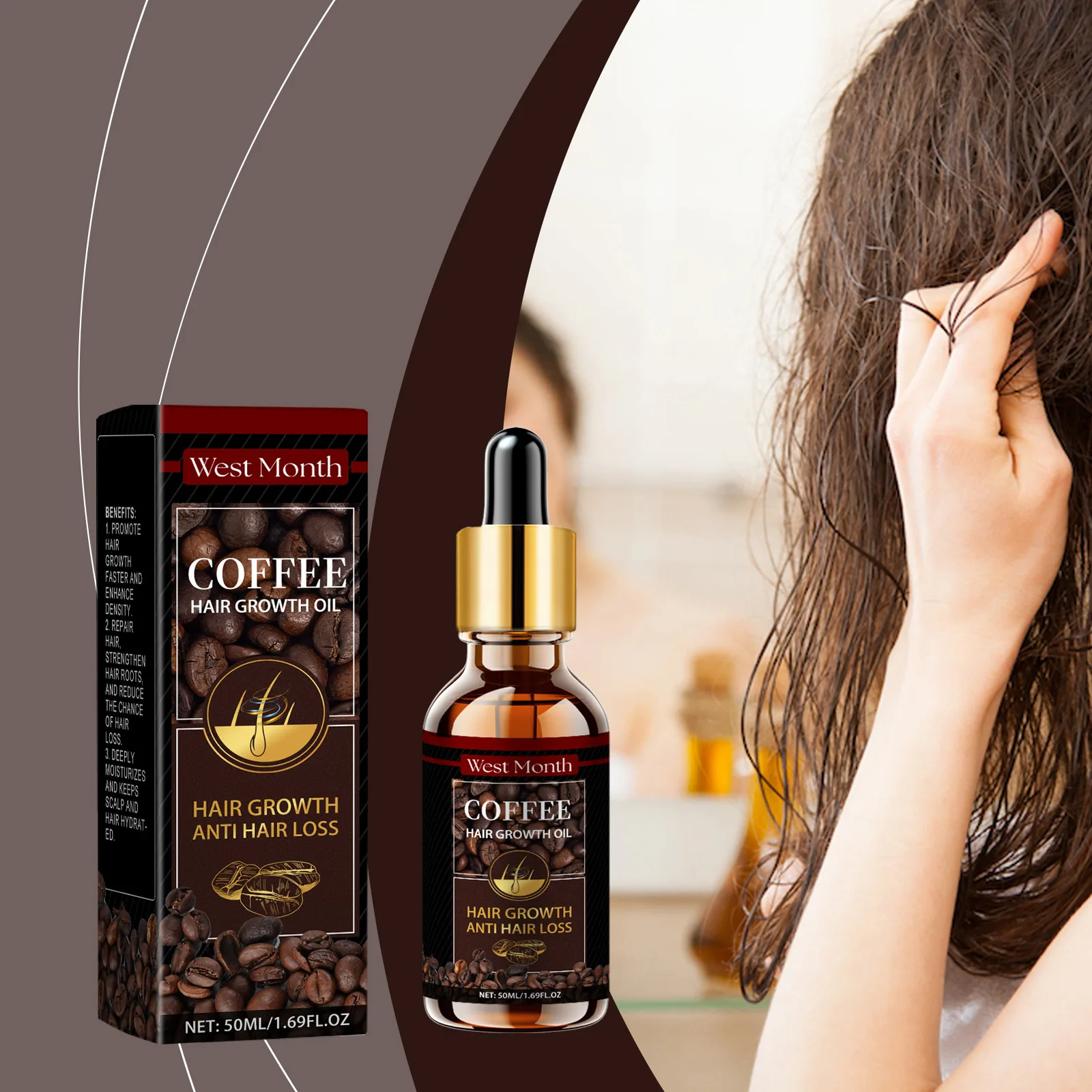 

West&Month 50ml Coffee Hair Care Essential Oil Smooth Nourish Scalp Improve Growth Hair Repair Frizz Dryness Hair Luster Oil