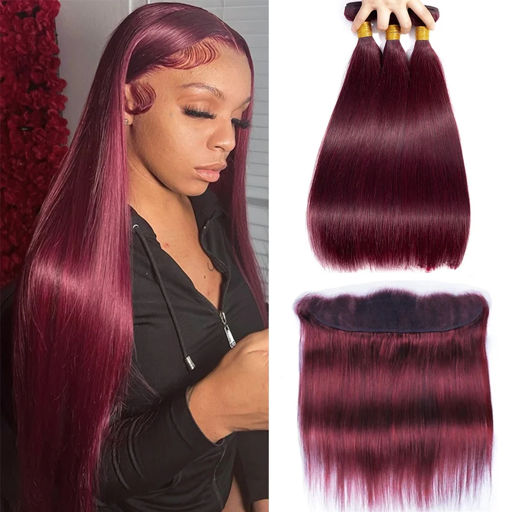 Extensions de Cheveux 100% Naturels Lisses Bordeaux 99J, avec Dentelle HD 13x4, Lot de 3