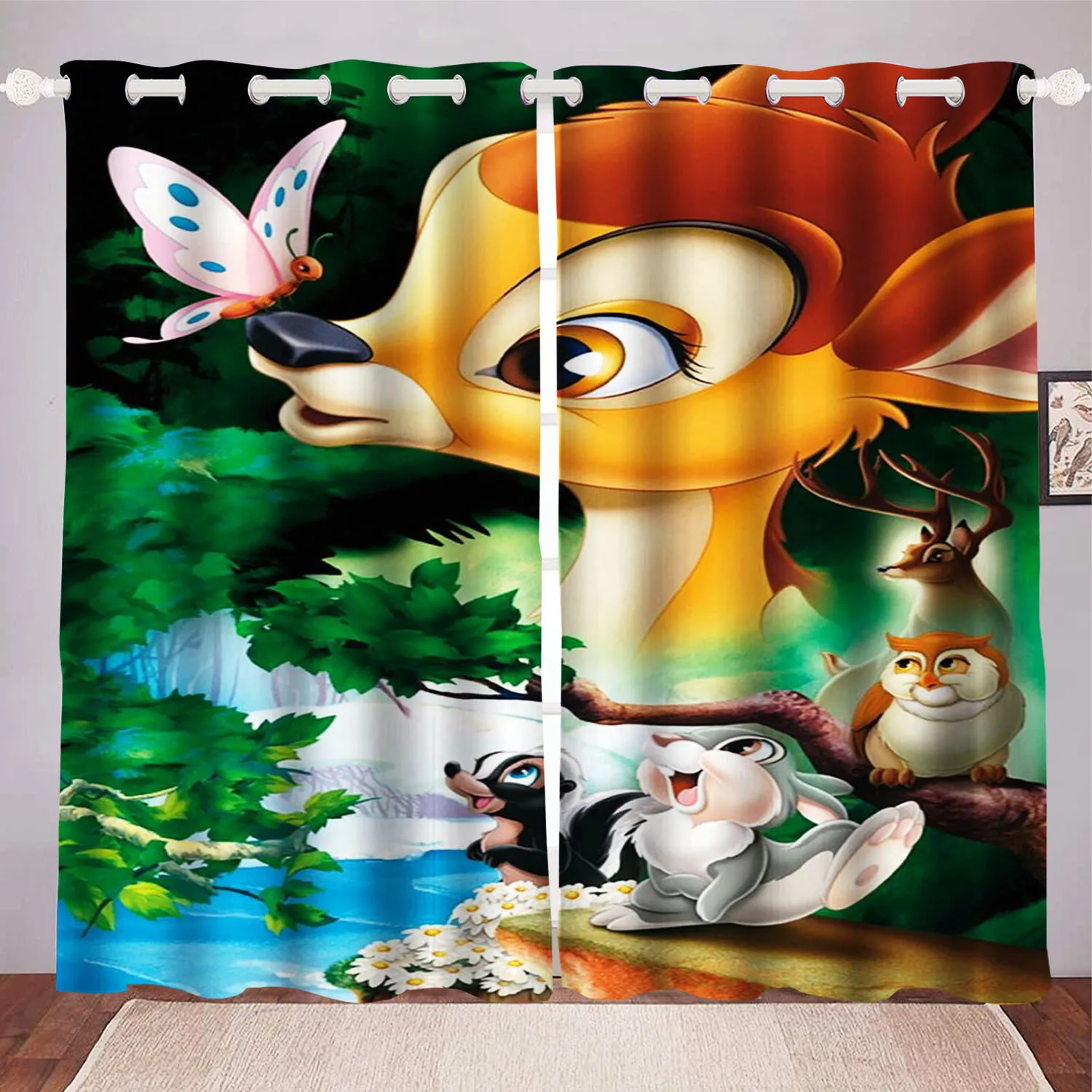 Bambi Cartoon Curtain for Home Decoration, Polyester Shade Curtains, Disney Window, 2 Tablets, Bedroom, Living Room