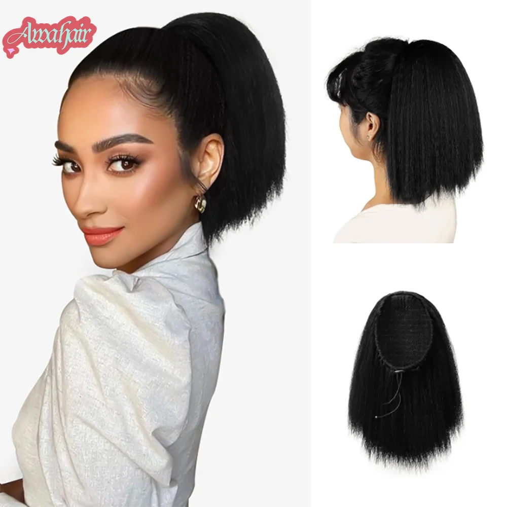 Awahair-Extensions de cheveux synthétiques Yaki Kinky Straight, Queue de cheval naturelle, Queue de cheval courte pour femme, Wstring de proximité