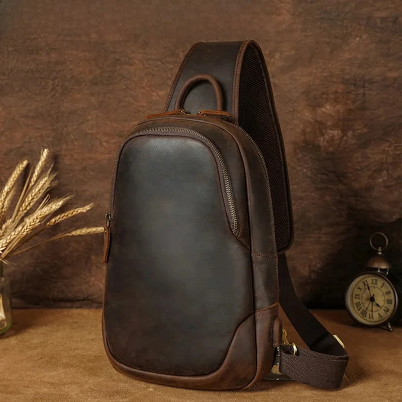Luufan USB Charging Mans Chest Pack Fit 12" iPad Genuine Leather Male Sling Bag Sports Riding Chest Bag Męska torba podróżna na ramię — zdjęcie 2