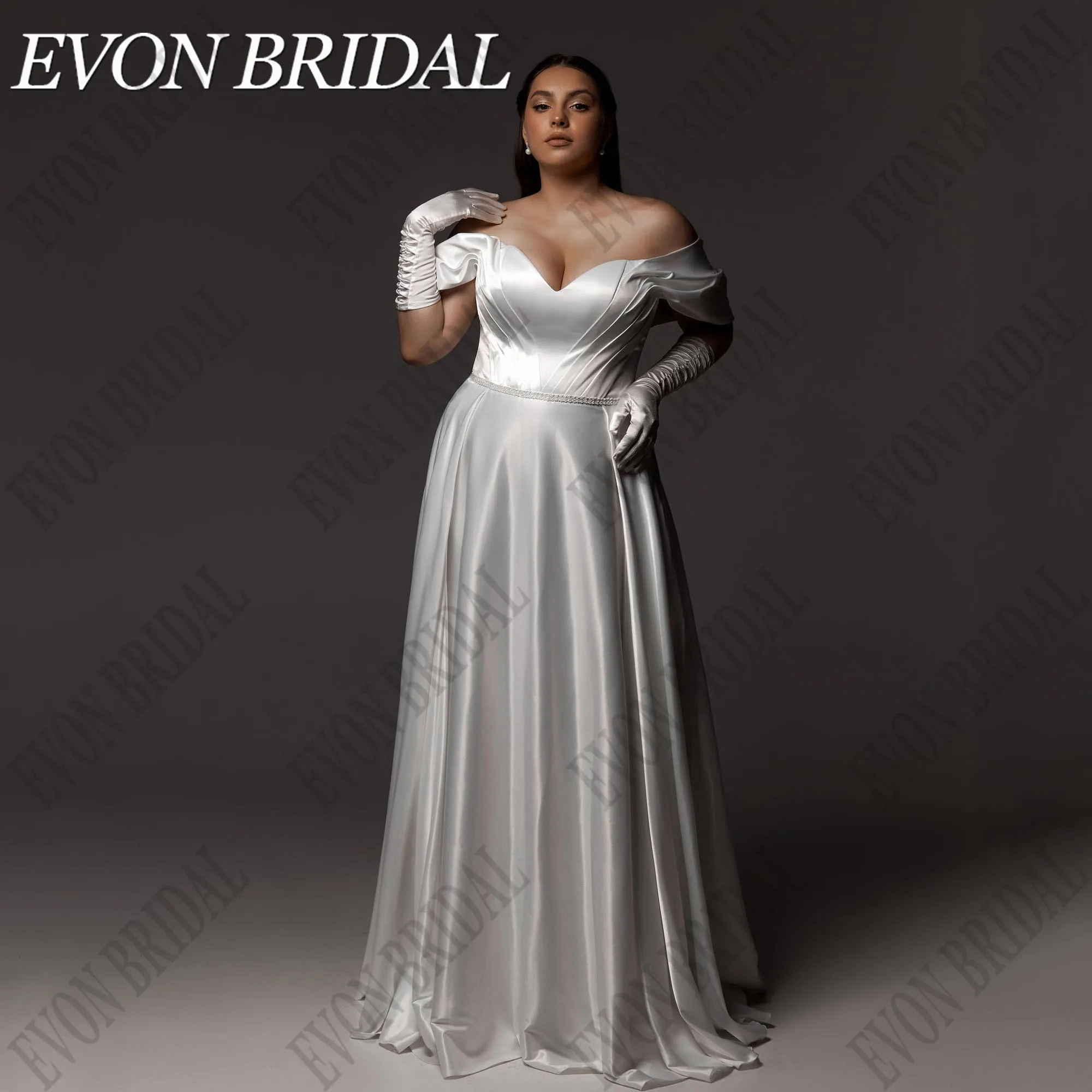 

EVON BRIDAL Customized Satin Wedding Dress Plus Size Women Off Shoulder свадебное платье Sweep Train Elegant Bride Dresses