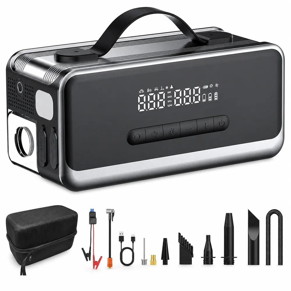 Jump Starter with 180PSI Air Pump & Air Blower, 12V 12-in-1 Emergency Power Pack with LED Light for 9.0L Gas / 6.5L Diesel