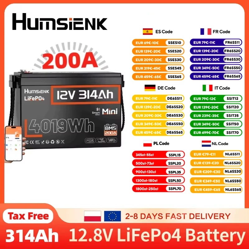 Batterie au lithium LiFePO4 Humsienk 12V 300AH (314AH) version Bluetooth, BMS 200A, cellules A+, pour système solaire hors réseau, camping-car, bateau