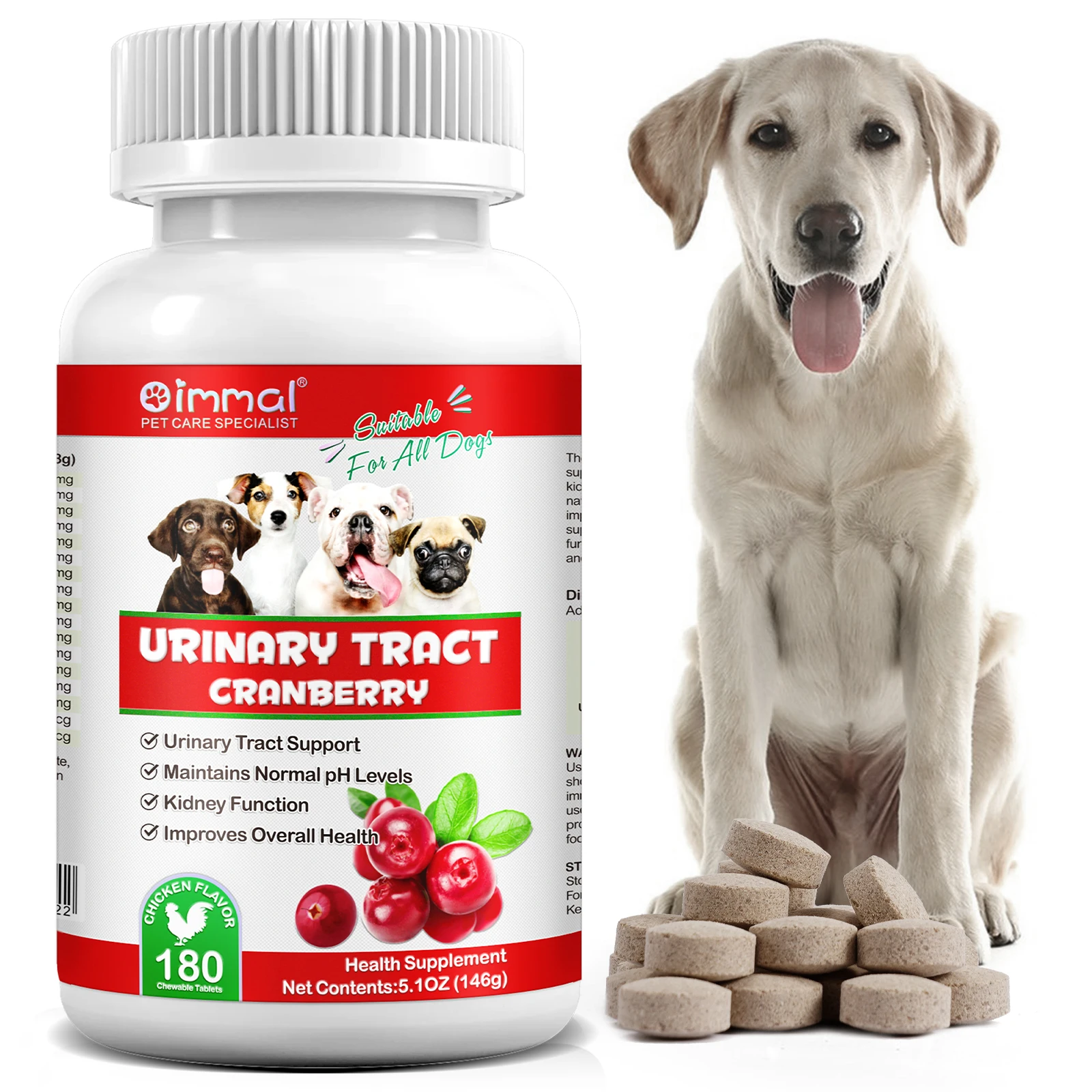 Cranberry Canine Care Optimal Urinary Tract Support for Dogs Enhancing Kidney Function with Chicken Flavor 180 Chewable Tablets