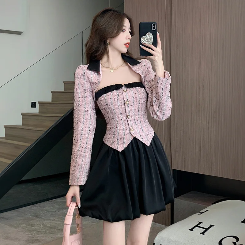 

Fall Winter Fragrant Style Set Women's Bra Dress + Short Style Temperament Coat Two Piece Suits