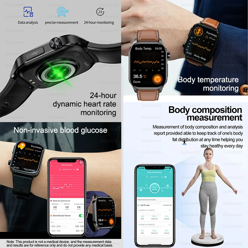 ECGPPG Smartwatch pour homme, mesure de la glycémie, pression artérielle, acide urique, IP67, étanche, sport, appel Bluetooth, nouveau