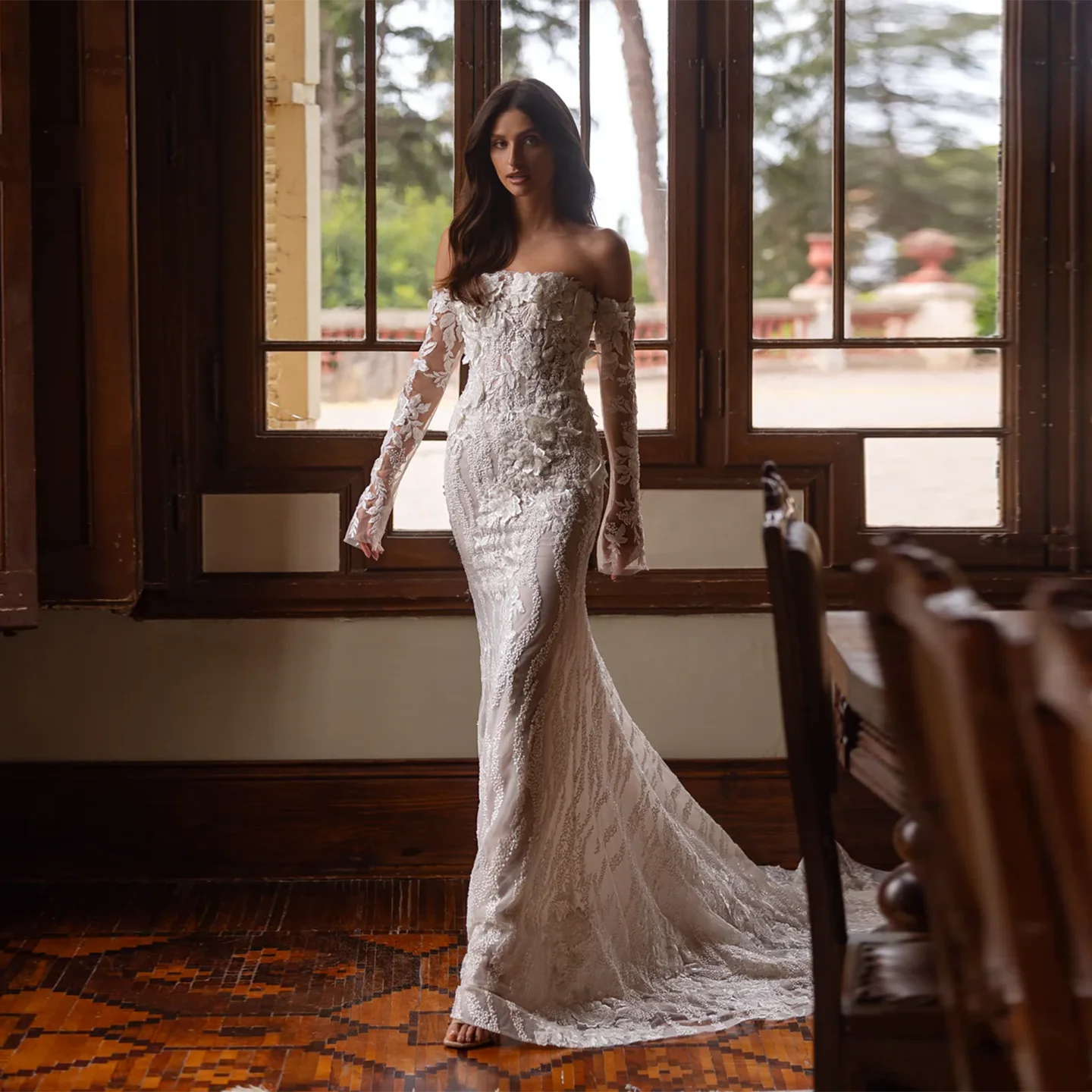 

Sharon Said 2025 Sexy Corset Mermaid Off White Tulle Wedding Dress Long Sleeve Sweep Train Princess Bride Gowns SW419 Customized
