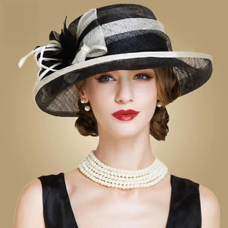 FS czarne białe damskie kapelusze kościelne damskie eleganckie fascynatory z Sinamay kapelusz ślubny pościel Fedora szerokie rondo kwiatowy Kentucky Derby Hat — zdjęcie 2