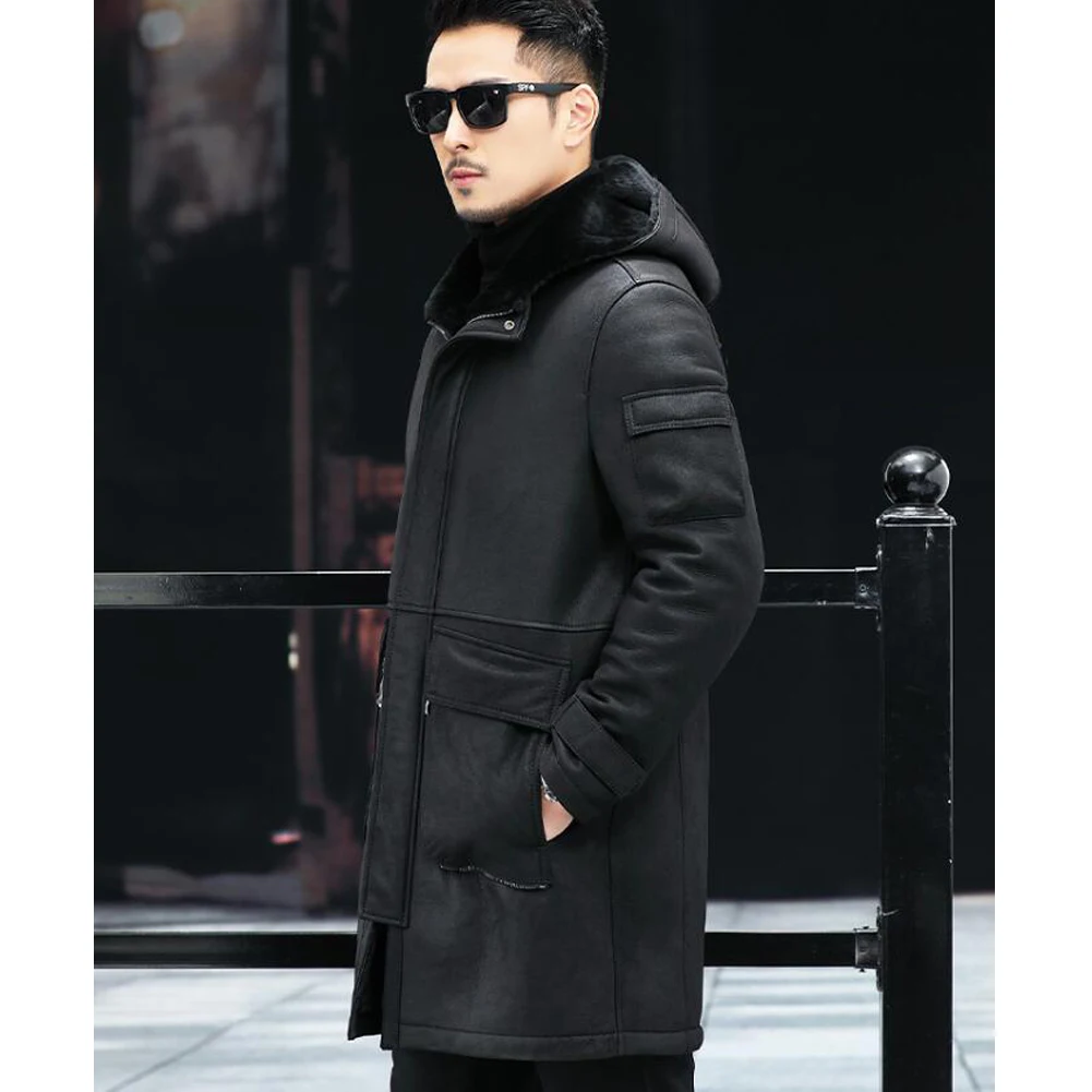 Denny&Dora Men's Shearling Jacket - Black Hooded Sheepskin - Winter Season - Leather Parka