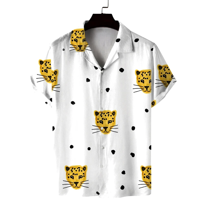 남성 여름 쿠바 칼라 반팔 셔츠 귀여운 작은 동물 프린트 남성 셔츠 편안하고 통기성 좋음