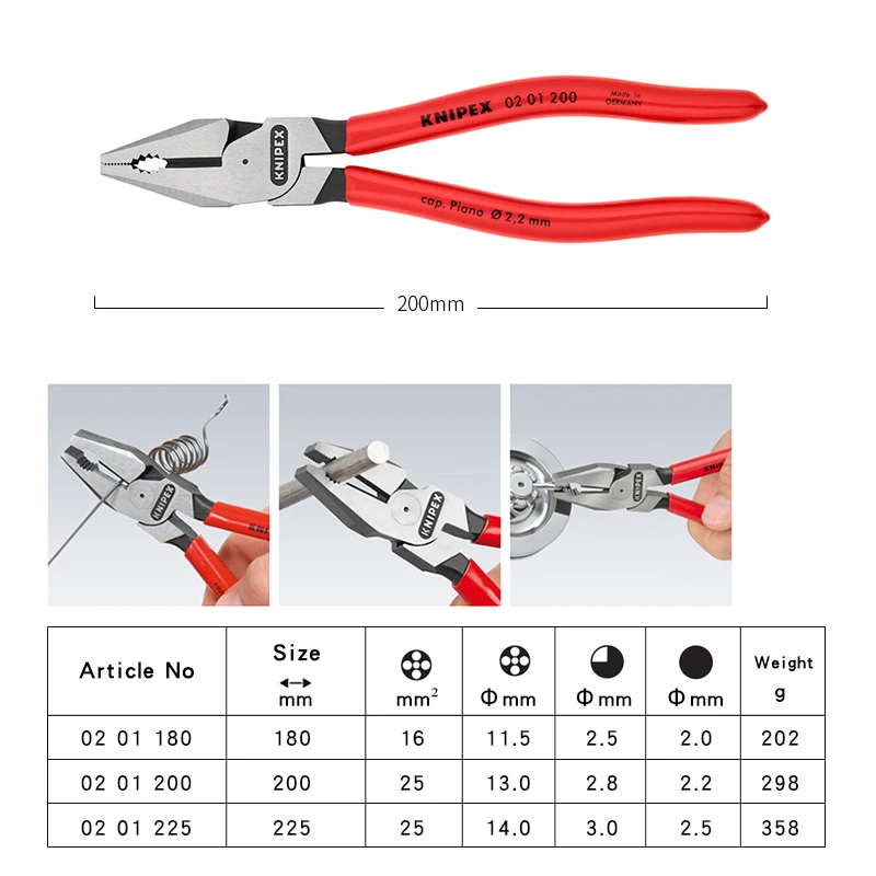 KNIPEX High Leverage Combination Pliers for Easier Cutting, Powerful Gripping, Bending and Pulling No. 0201180 | 0201200