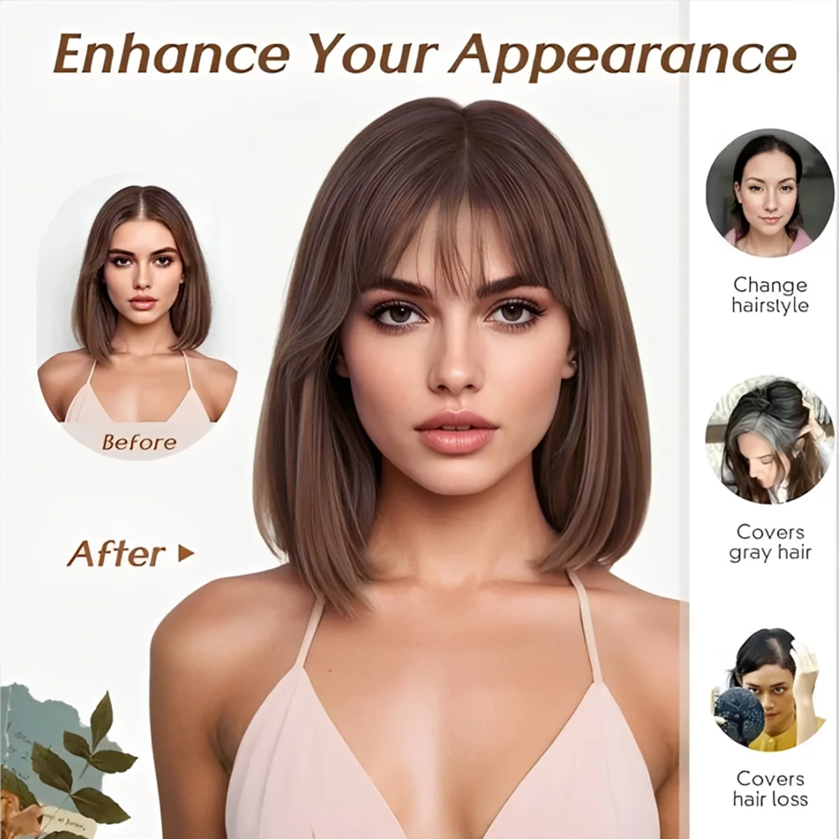 Real Human Hair Topper with Wispy Bangs 100% Human HairPieces for Women Clip in Lace Base 360° 3D Cover with Bangs