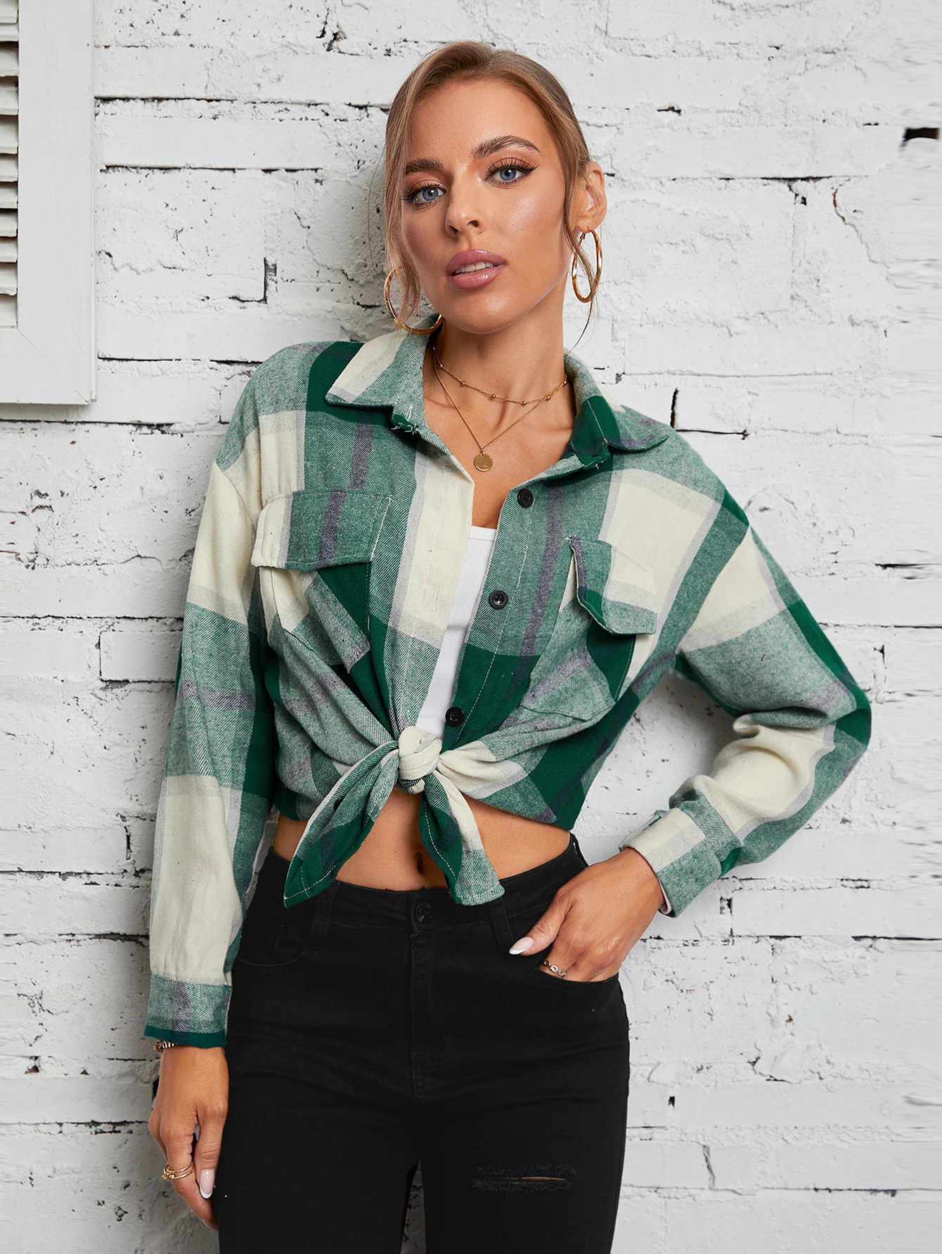 New Lapel Plaid Women‘s Shirts Spring Autumn Single Breasted Brushed Long Sleeve Blouses Streetwear Girls