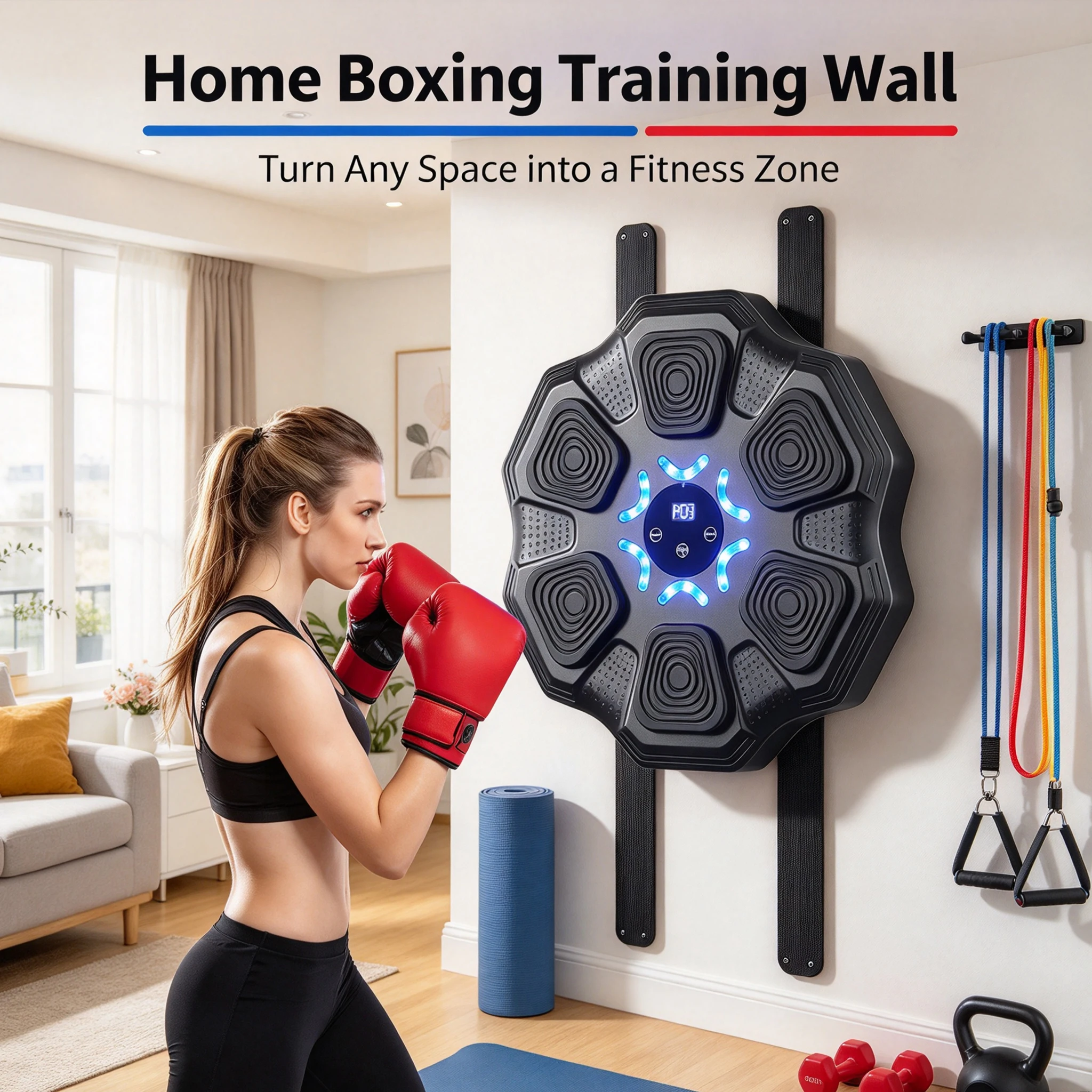 Machine de boxe musicale intelligente pour adultes et enfants, à fixer au mur, avec revêtement en PU absorbant les chocs, entraîneur de boxe, 9 modes de vitesse, cible de boxe Bluetooth, compteur de coups à changement de couleur automatique, idéal pour la salle de sport à domicile, pour réduire le stress et s'entraîner à la boxe.
