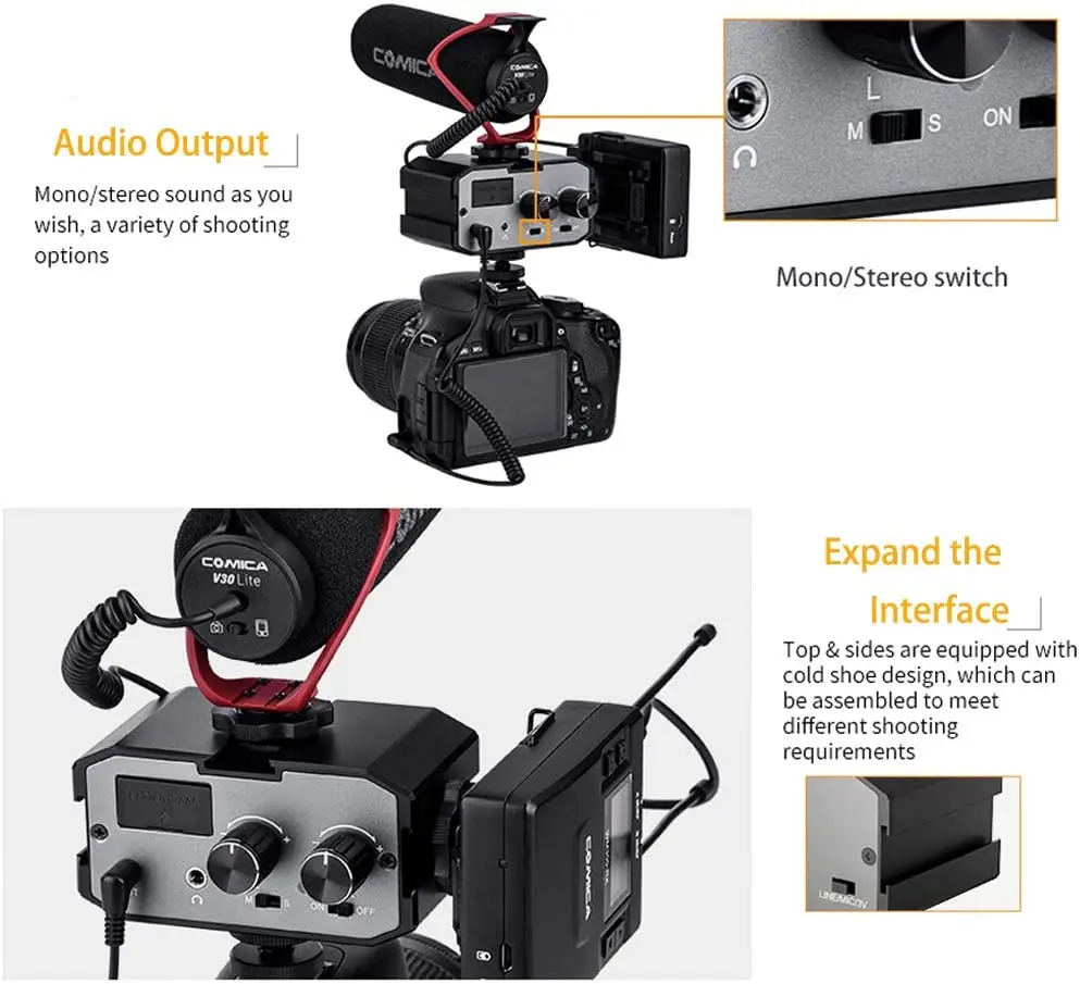 COMICA CVM-AX1 DSLR Audio Adapter Microphone Audio Mixer Adapter with Real-time Monitoring Dual Channels 3.5mm Port Camera Mixer