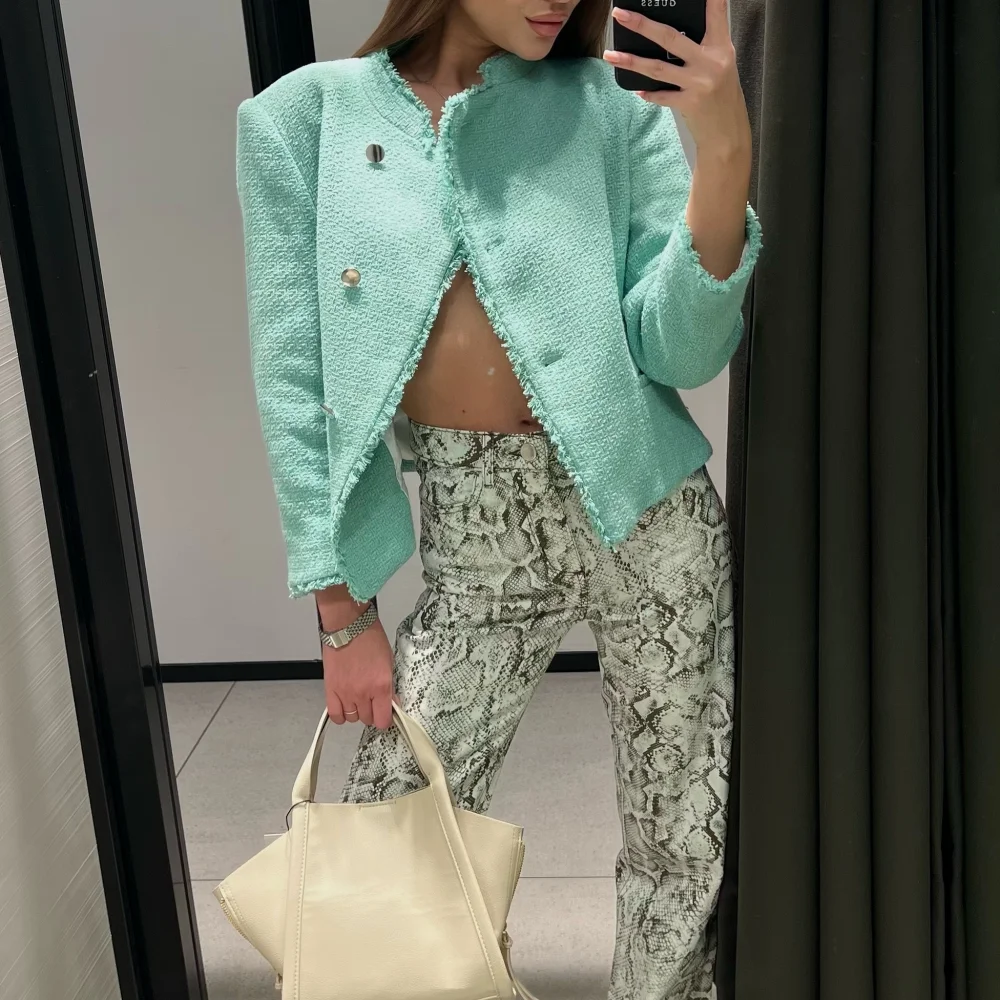 Womens Elegant Green Tweed Jacket Stand Neck Asymmetrical Single Breasted Coat Fringed Edge Short Outerwear Chic Streetwear