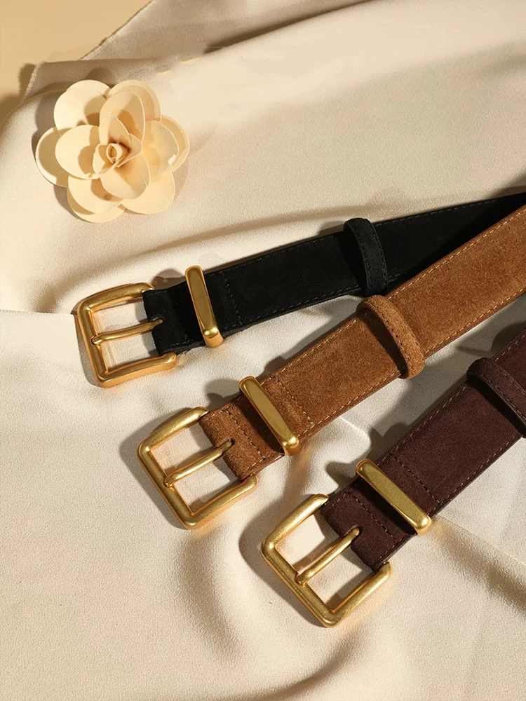 Luxuriöser Wildleder-Rindsledergürtel für Damen, Vintage-Stil mit goldener Schnalle, 3,3 cm breiter Bund für Kleider und Jeans