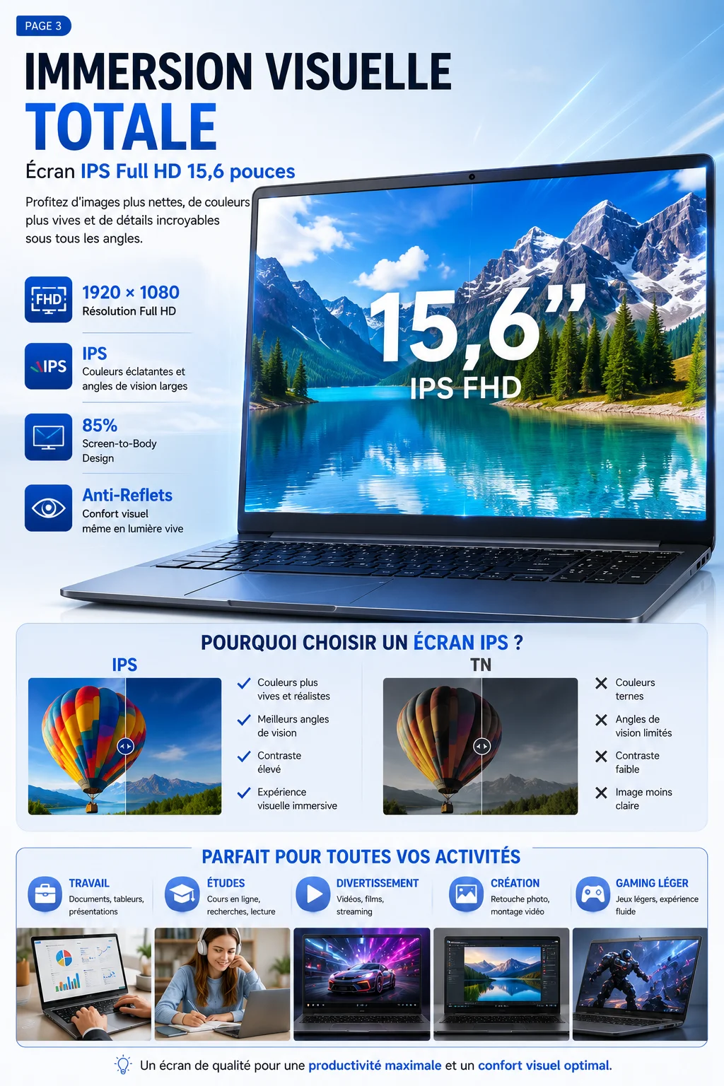 15.6-inch Full HD IPS Laptop with Intel Core i3, Windows 11 Pro, 16 GB RAM, 512 GB SSD, Wi‑Fi 5, Bluetooth 5.0, French keyboard, keyboard protective film, fingerprint reader, lightweight laptop for students, work, and desk use, 1920x1080 display