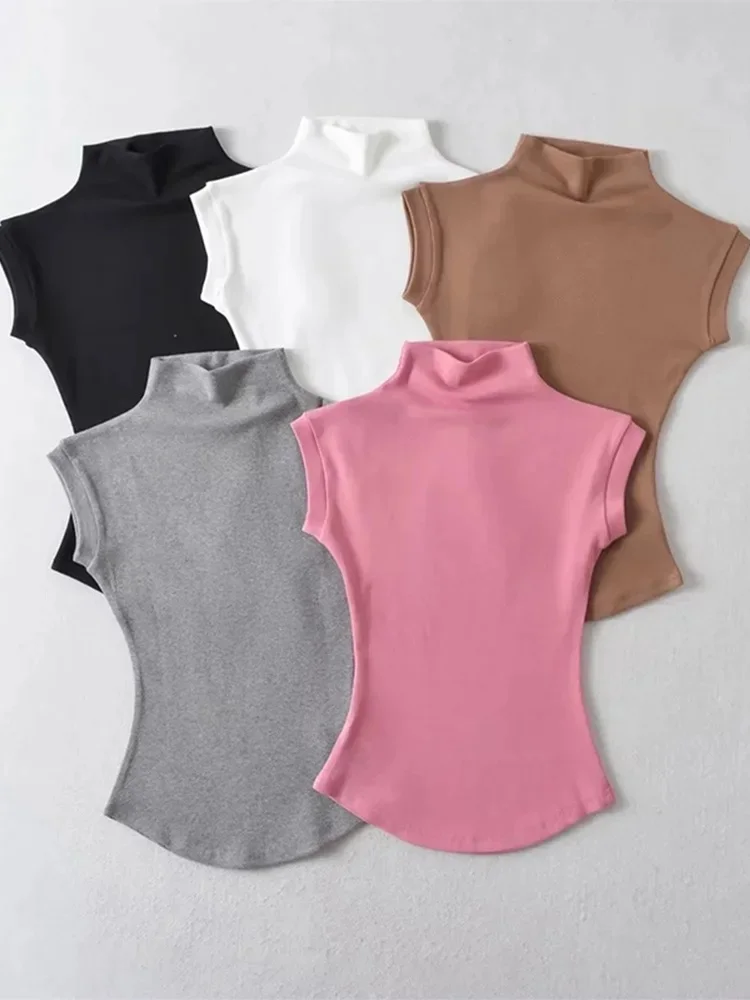 Damskie letnie seksowne koszulki z golfem bez rękawów topy jednolita, slim fit swetry koszulki na co dzień koszule damskie Streetwear podstawowe koszulki — zdjęcie 2