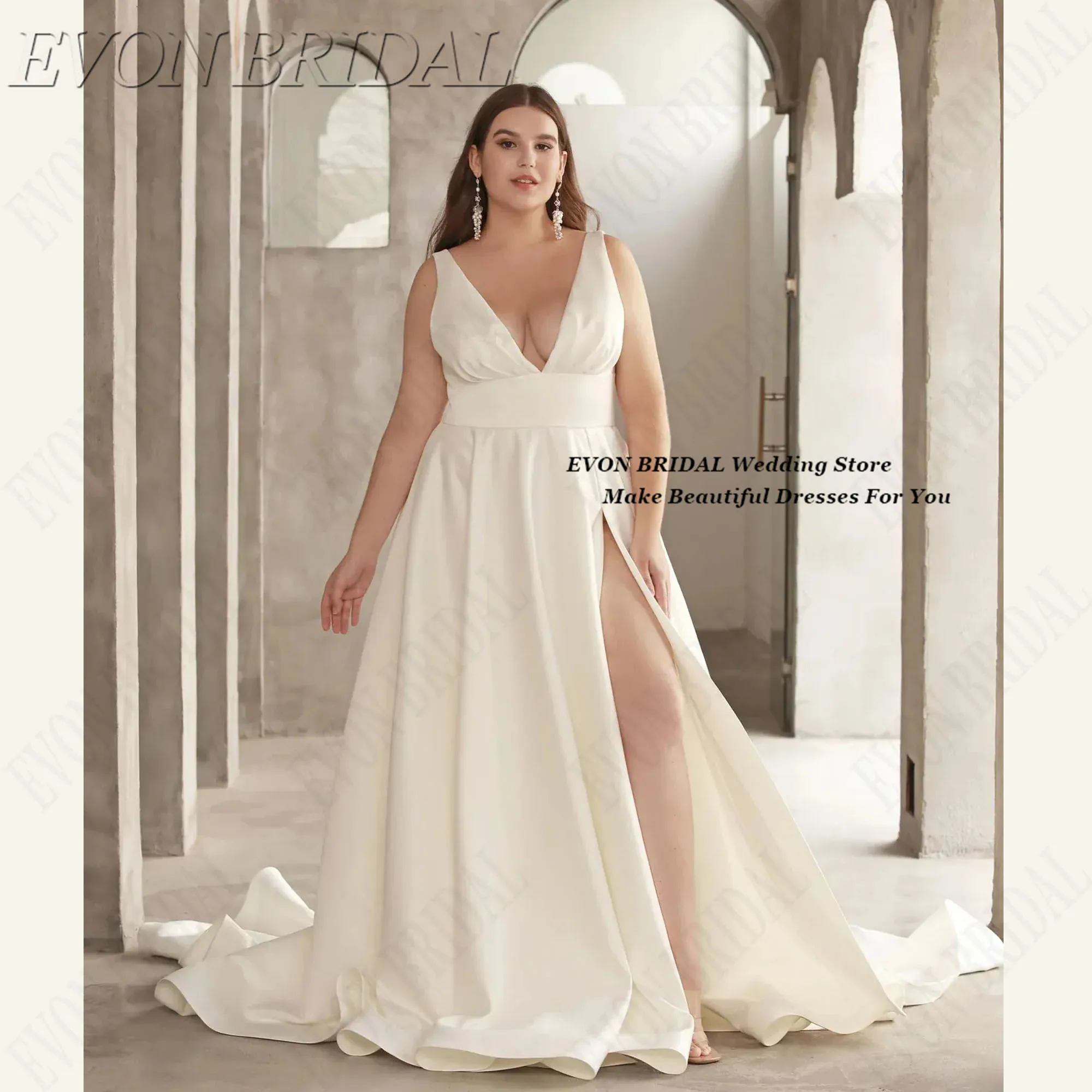 Wedding Dress With V Neck A Line Sleeveless Bride Dress Plus Sizes Customized Simple Side Split Wedding Gowns Backless Satin