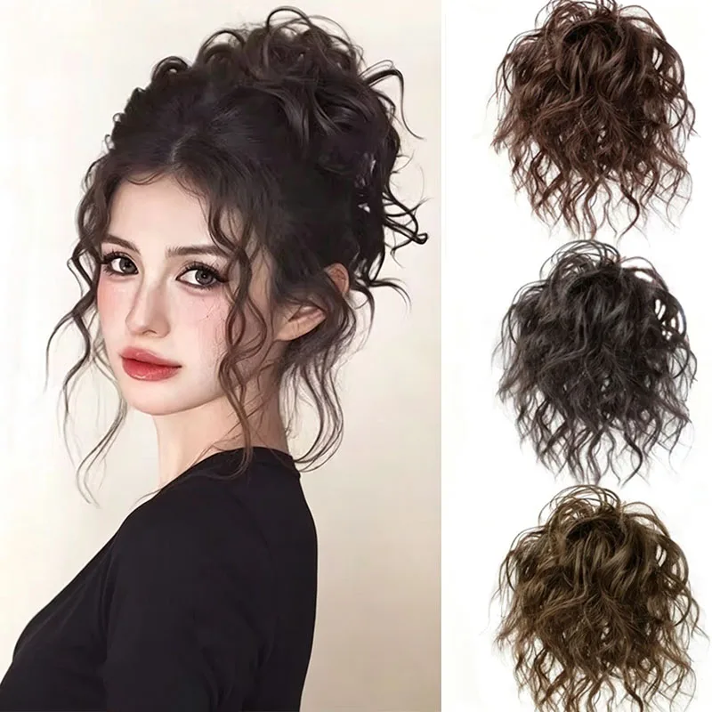 Elegant Wool Curly Synthetic Bun Hairpieces with Messy Elastic Rubber Band Fluffy Bun Updo Chignon for Women Daily or Party Use