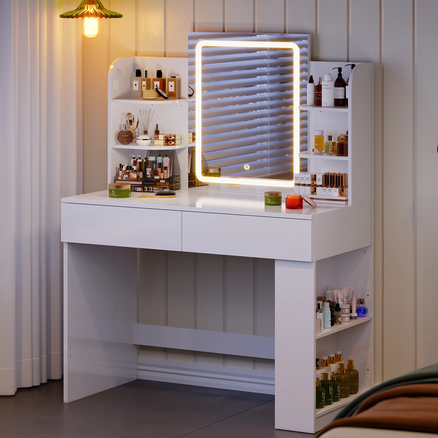 Homall Kaptafel met LED-spiegel en kruk, verstelbare helderheid, 90x40x135cm, make-uptafel met 2 grote laden