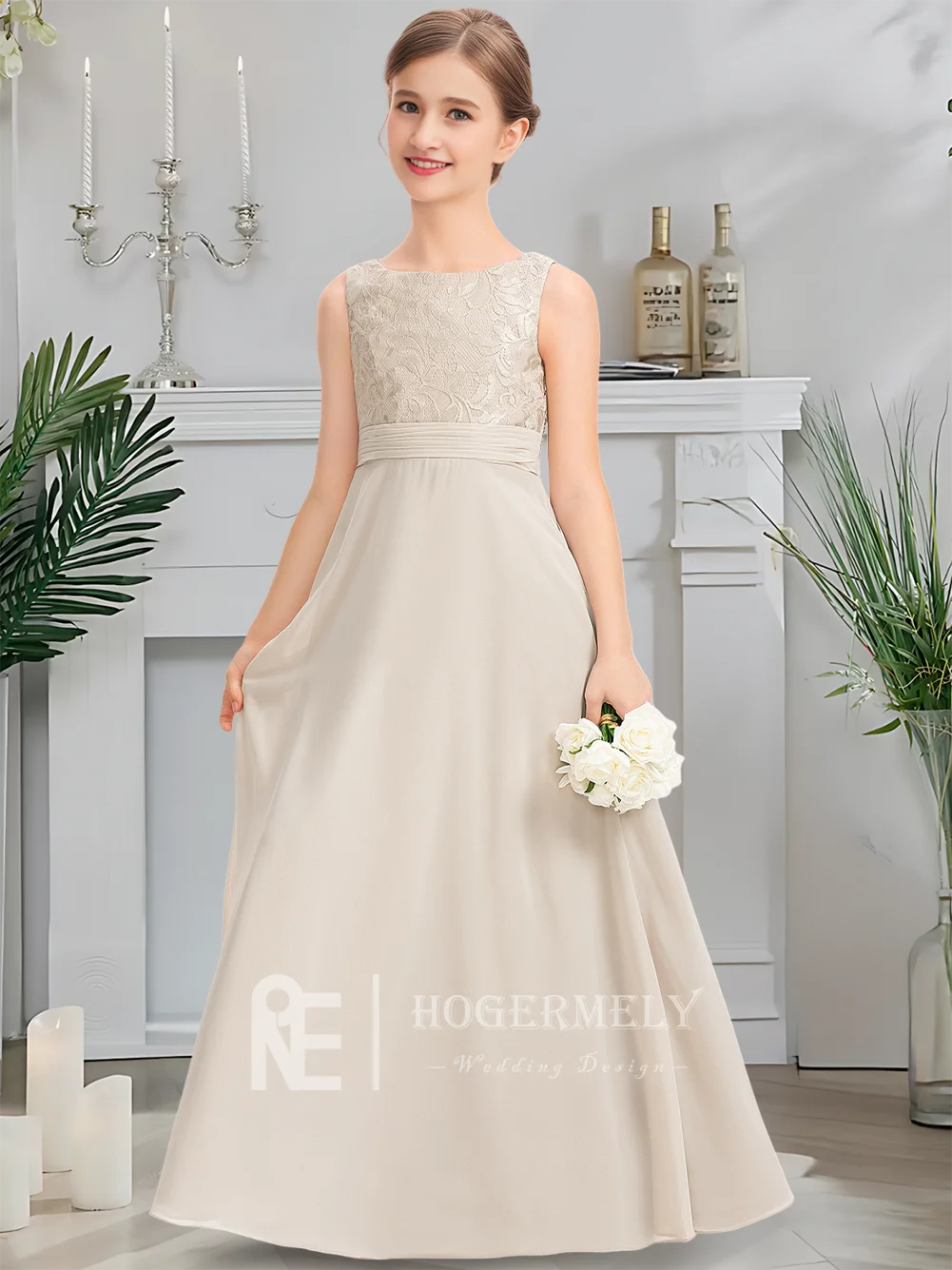 Платье трапециевидной формы для юных подружек невесты с круглым вырезом длиной до пола, шифоновое кружевное детское платье для причастия, изящное платье с цветочным узором для девочек, свадебное платье