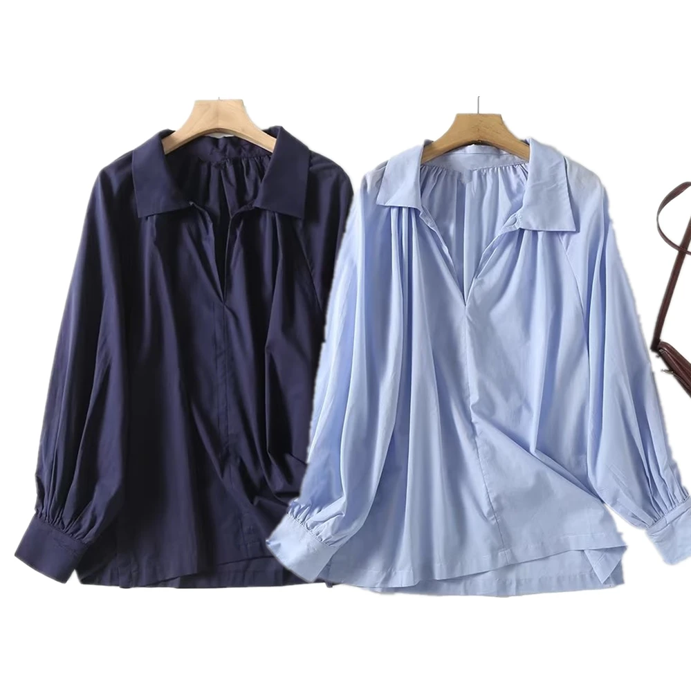 

Withered British Office Lady Elegant Cotton Casual Blouse Women Top Sky Blue Loose Pleated Fashion Loose Shirt Female