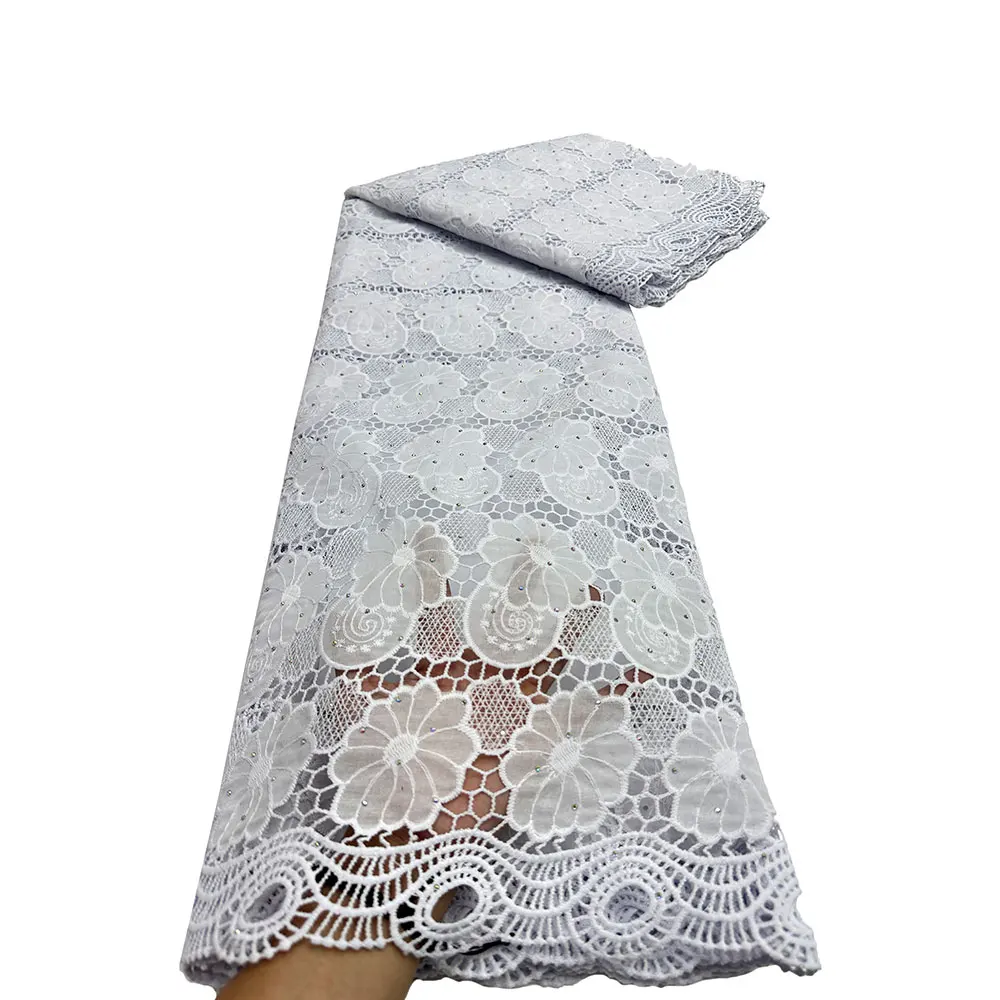 

2026 African Embroidery pure white Cotton Lace Fabric Premium Nigerian Style Hollow design For Women Elegant Party Dress Sewing